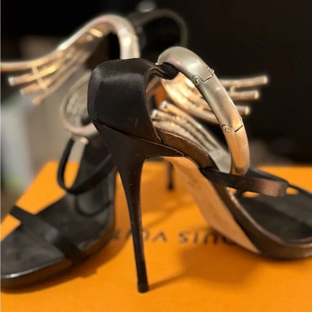Giuseppe Zanotti Black Satin Heels with Silver Crystal Straps - Picture 3 of 6